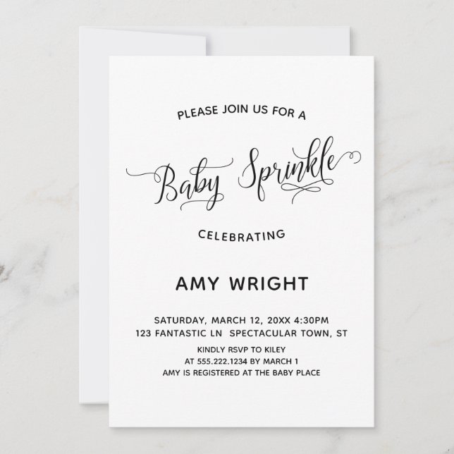 Simple, Elegant Calligraphy Baby Sprinkle Invitation (Front)