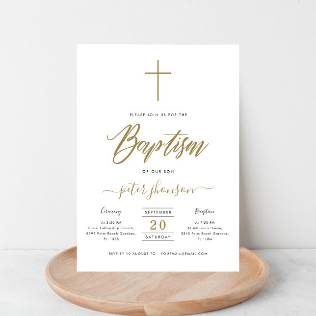 Simple Elegant Calligraphy Baptism Boy Rustic Gold Invitation (Creator Uploaded)