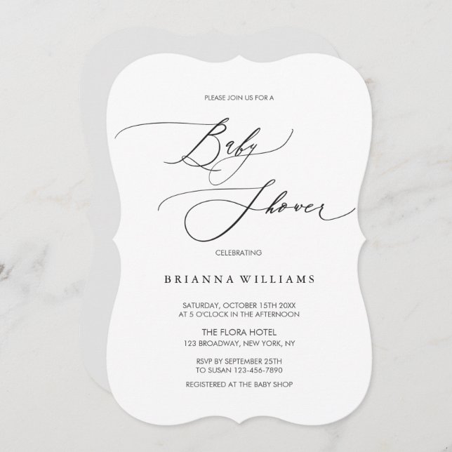 Simple Elegant Calligraphy Black White Baby Shower Invitation (Front/Back)