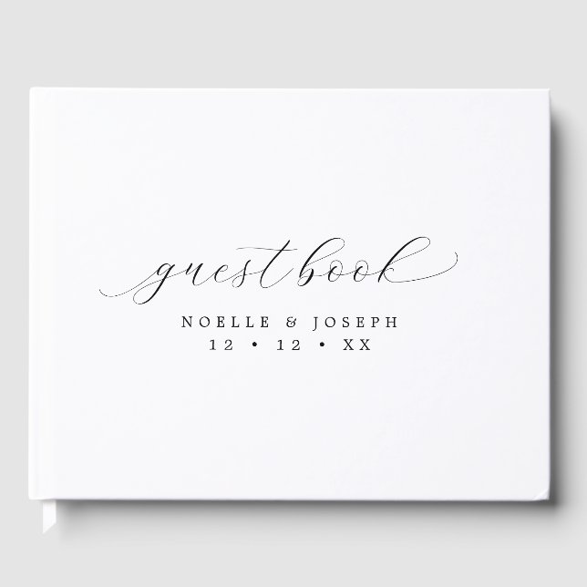 Simple Elegant Calligraphy Black & White Wedding Guest Book (Front)