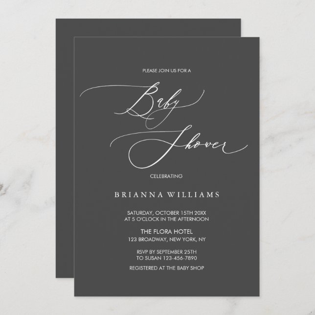 Simple Elegant Calligraphy Charcoal Baby Shower Invitation (Front/Back)