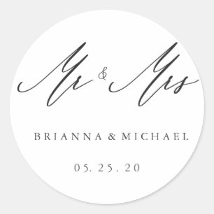Simple Elegant Calligraphy Mr and Mrs Wedding Classic Round Sticker