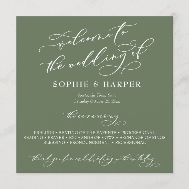 Simple Elegant Calligraphy Typography Olive Green Programme (Front)