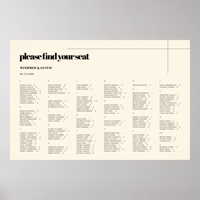 Simple elegant & chic Alphabetical seating chart (Front)