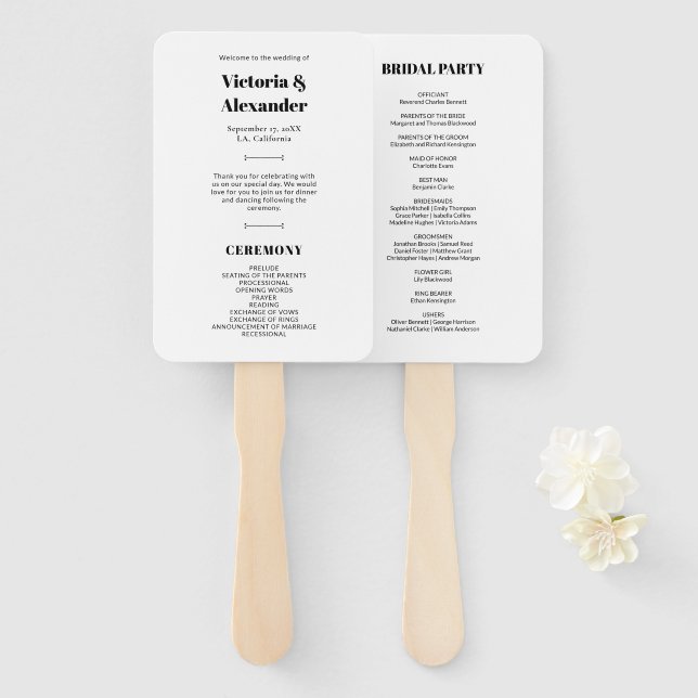 Simple Elegant Chic Black & White Wedding Program Hand Fan (Front and Back)