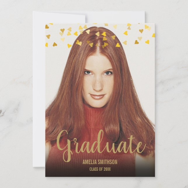 Simple Elegant Chic Gold Hearts Photo Graduation Invitation (Front)