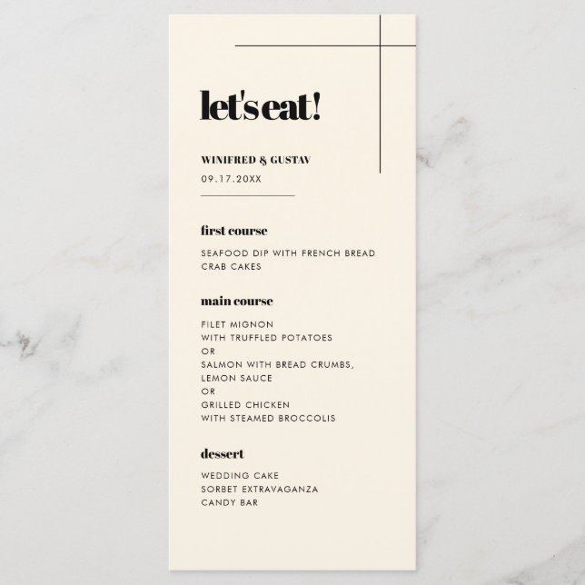 Simple elegant & chic Let's eat wedding Menu (Front)