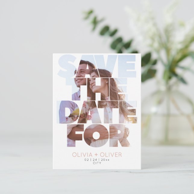 Simple elegant chic photo wedding save the date postcard (Standing Front)