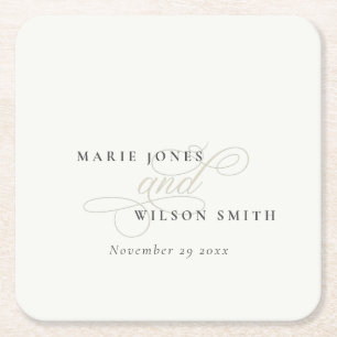 Simple Elegant Chic Script Black & White Wedding Square Paper Coaster