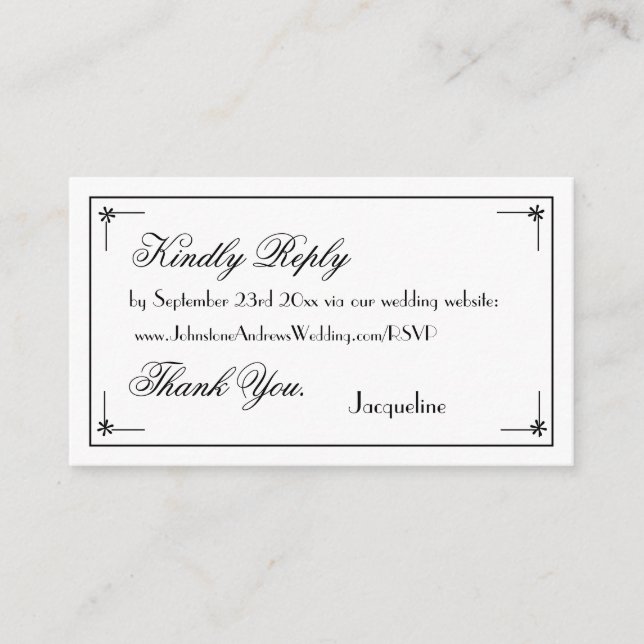 Simple Elegant Chic Script Name White Wedding RSVP Enclosure Card (Front)