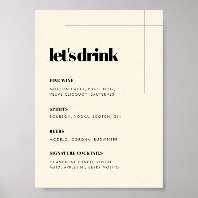 Simple elegant & chic wedding Bar menu Poster (Front)