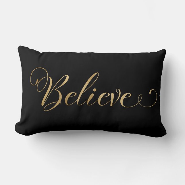 Simple Elegant Christmas Believe Gold Black Lumbar Cushion (Front)