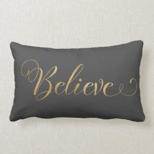 Simple Elegant Christmas Believe Gold Gray Lumbar Cushion