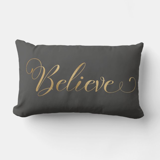 Simple Elegant Christmas Believe Gold Grey Lumbar Cushion (Front)