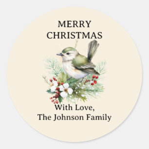 Simple Elegant Christmas Floral Bird Classic Round Sticker