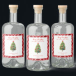 Simple Elegant Christmas Pine Tree  Liquor Bottle Label<br><div class="desc">Red typography on a white background with a watercolor Christmas pine tree and red tartan pattern.</div>
