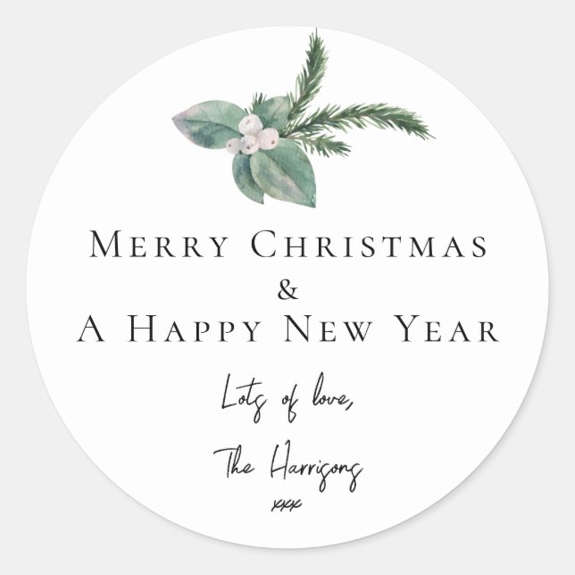 Simple Elegant Christmas Watercolor Botanical  Classic Round Sticker (Front)