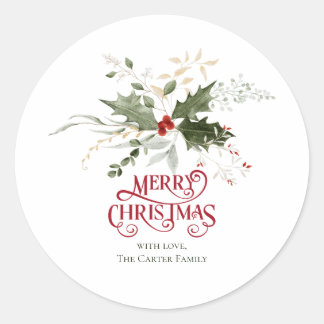 Simple Elegant Christmas Watercolor Botanical Classic Round Sticker