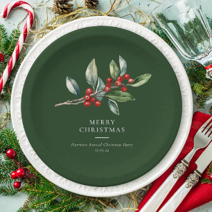 Simple Elegant Christmas Watercolor Botanical Paper Plate