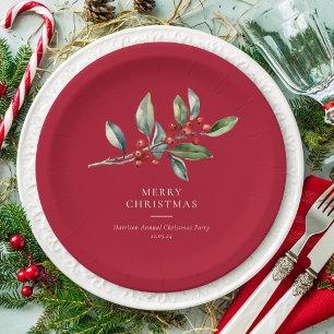 Simple Elegant Christmas Watercolor Botanical Paper Plate