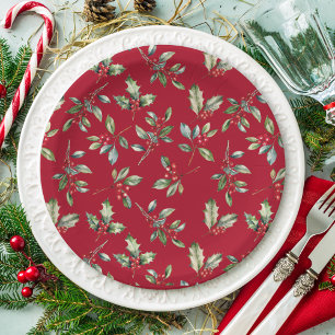 Simple Elegant Christmas Watercolor Botanical Paper Plate