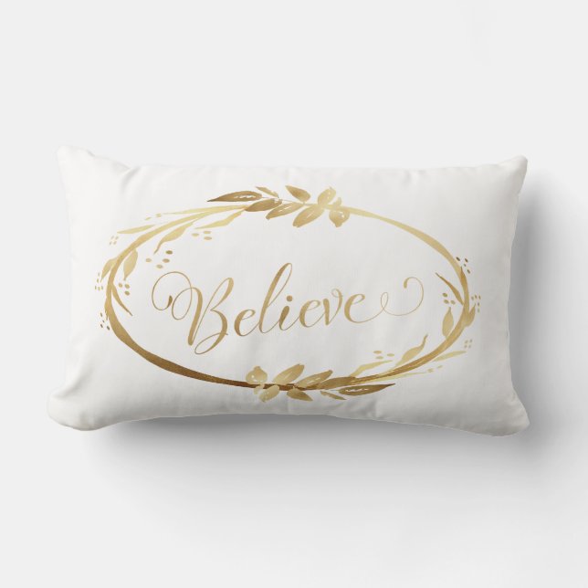 Simple Elegant Christmas Wreath Believe Gold White Lumbar Cushion (Front)