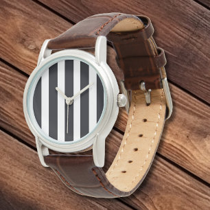 Simple Elegant Classic White Black Stripes Leather Watch