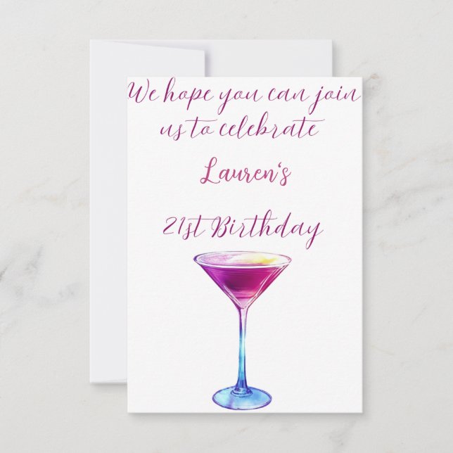 Simple & elegant cocktail 21st Birthday Invitation (Front)