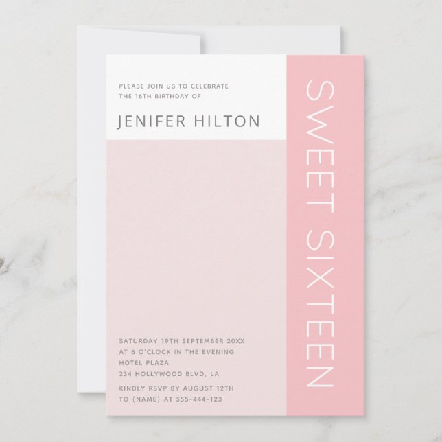 Simple elegant colour block sweet sixteen invitation (Front)