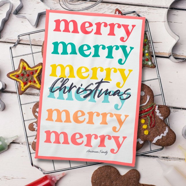 Simple Elegant Colourful Red White Merry Christmas Tea Towel (Creator Uploaded)