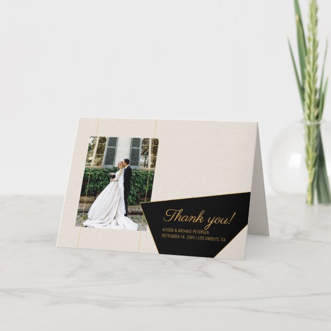 Simple elegant cream black wedding photo thank you card (Front)