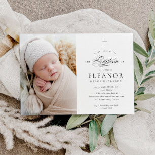 Simple Elegant Cross Calligraphy Photo Baptism Invitation