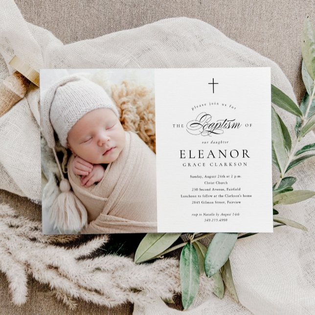 Simple Elegant Cross Calligraphy Photo Baptism Invitation (Creator Uploaded)