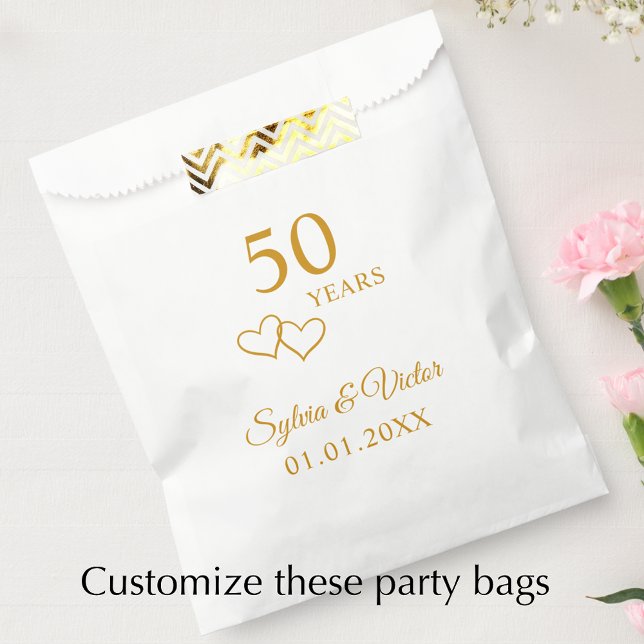 Simple Elegant Custom 50th Anniversary Party Favour Bags (Add couple’s names and date for a personalized elegant gold heart 50th anniversary party favor bag)