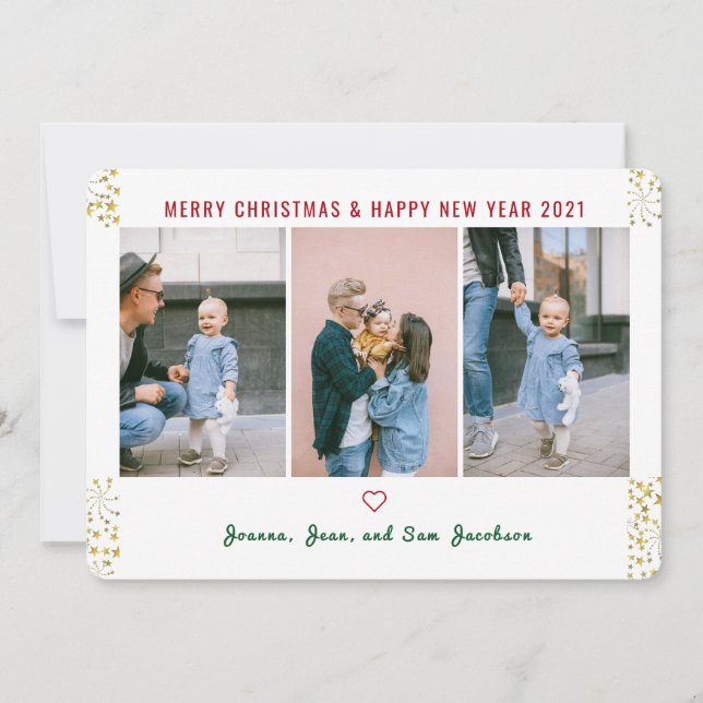 Simple Elegant Cute 3 Photos Gold Glitter New Year Holiday Card (Front)