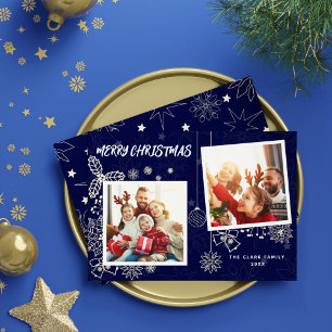 Simple Elegant Dark Blue 2 Photo Frames Family Holiday Card