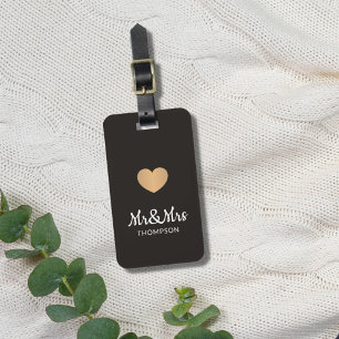 Simple Elegant Dark Faux Gold Heart Mr&Mrs Luggage Tag
