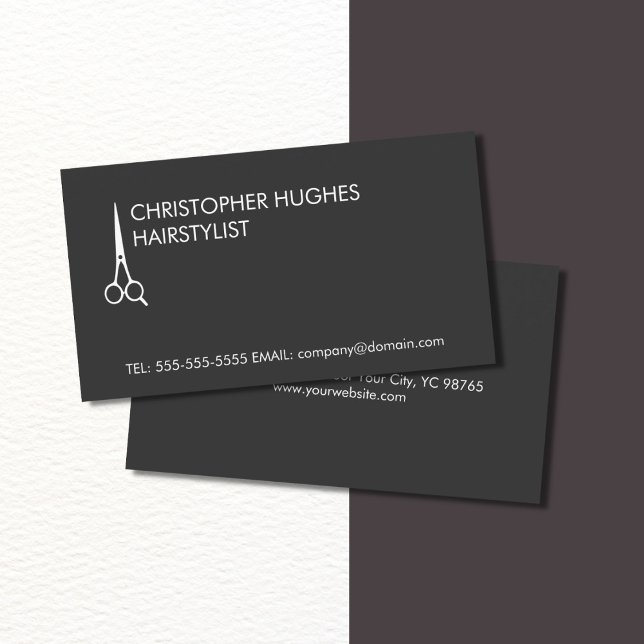 Simple Elegant Dark Gray White Scissor Hairstylist Business Card (Creator Uploaded)