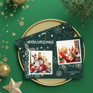 Simple Elegant Dark Green 2 Photo Frames Family Holiday Card