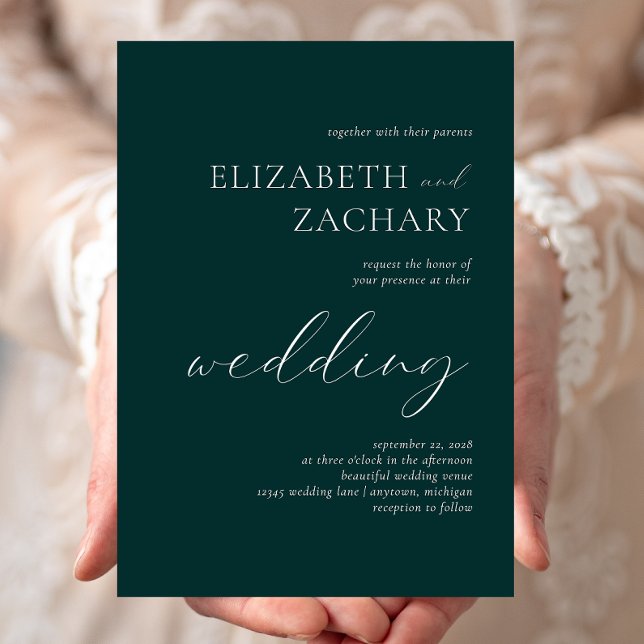 Simple Elegant Dark Green White Script Wedding Invitation (Creator Uploaded)