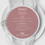 Simple Elegant Desert Rose Round Wedding Dinner Menu<br><div class="desc">A round dinner menu card on desert rose (or any colour) and chic lettering in white displays your menu choices. Perfect for a modern wedding reception, wedding rehearsal dinner, anniversary party or any special event with a sit down dinner. Choose ANY COLOR BACKGROUND, any COLOR TEXT, any FONT! Easily personalise...</div>