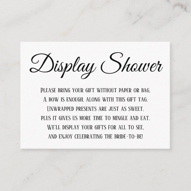 Simple Elegant Display Bridal Shower Black & White Enclosure Card (Front)