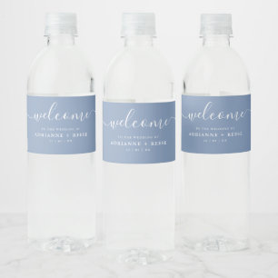 Simple Elegant Dusky Blue and White Wedding Water  Bottle Label