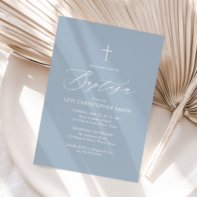 Simple Elegant Dusty Blue Cross Boy Baptism Invitation (Creator Uploaded)