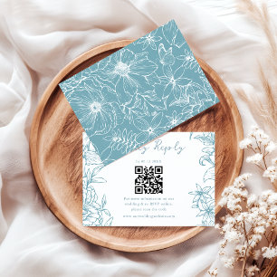Simple Elegant Dusty Blue Floral QR Code Wedding RSVP Card