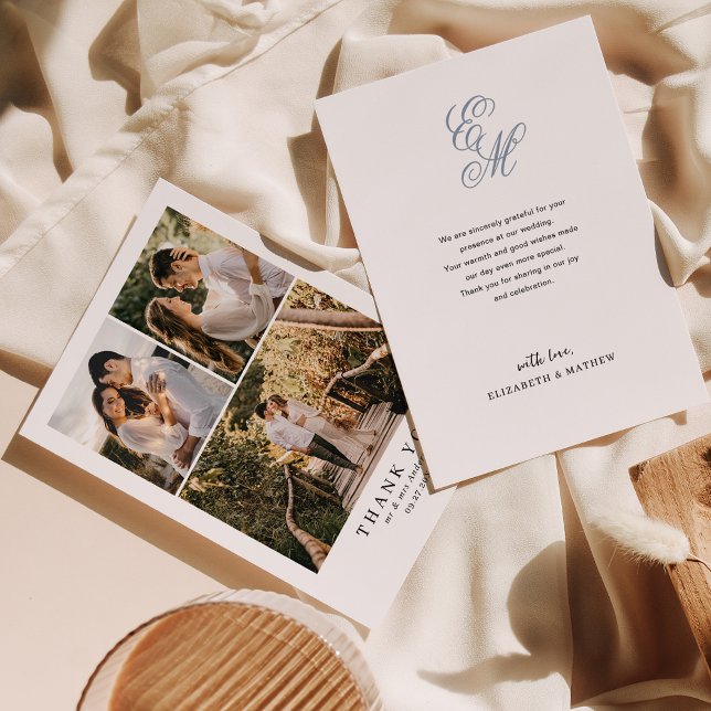 Simple Elegant Dusty Blue Monogram Photo Wedding Thank You Card (Creator Uploaded)