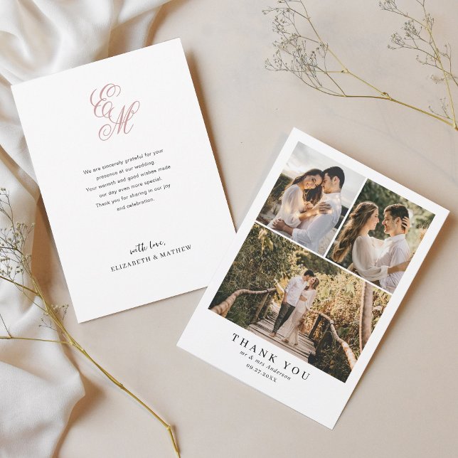 Simple Elegant Dusty Pink Monogram Photo Wedding Thank You Card (Creator Uploaded)