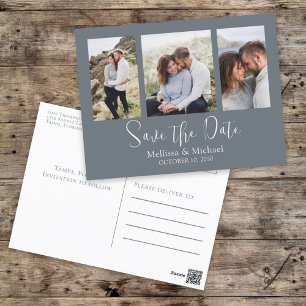 Simple Elegant Duty Blue Multi Photo Calligraphy Postcard