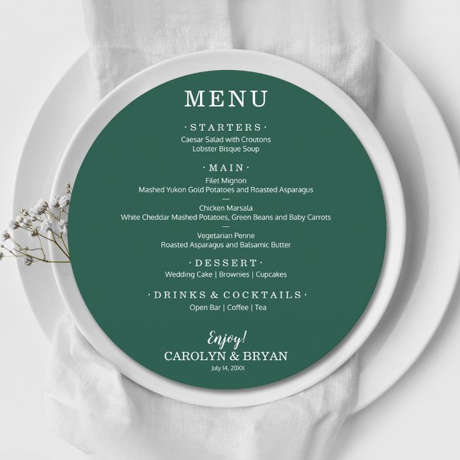 Simple Elegant Emerald Green Round Wedding Dinner Menu (Creator Uploaded)