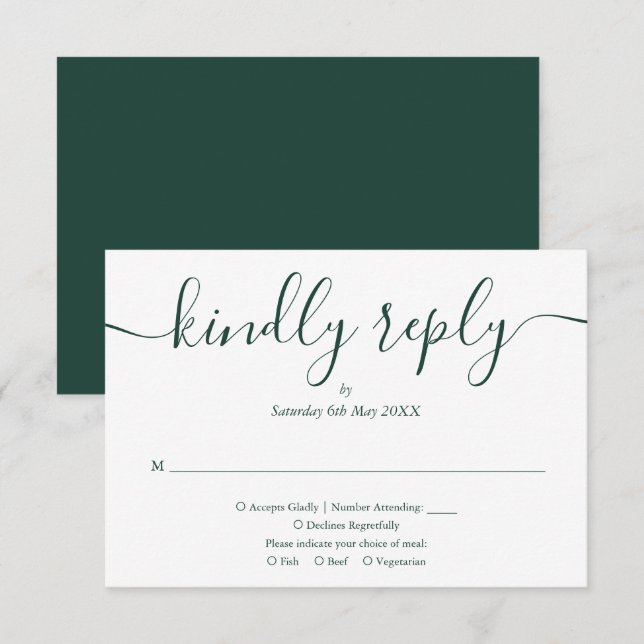 Simple Elegant Emerald Green Script Meal Choice RSVP Card (Front/Back)